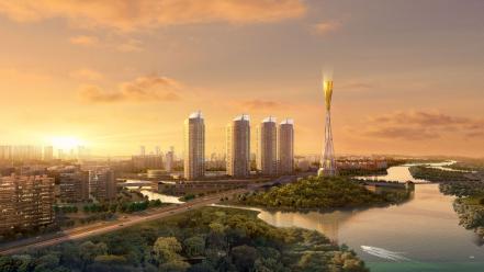 Skyscrapers 3d render parks skyscapes commercial cities wallpaper