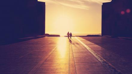Sunset people buildings holding hands wallpaper