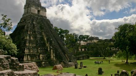 Clouds landscapes trees stones people guatemala temple wallpaper