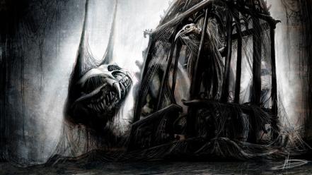 Creepy skulls dark cage crows wallpaper