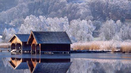 Houses lakes landscapes trees winter wallpaper