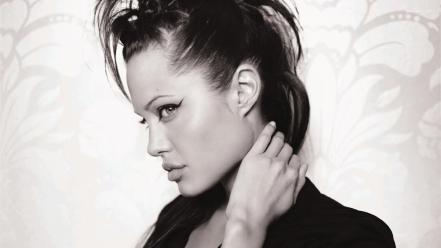 Angelina jolie monochrome profile hands on neck wallpaper