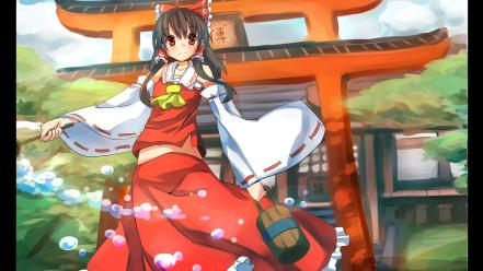 Anime girls detached sleeves bow black architecture wallpaper
