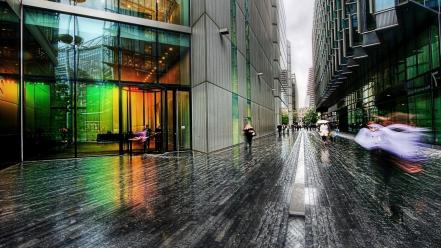 Cityscapes rain people buildings wallpaper