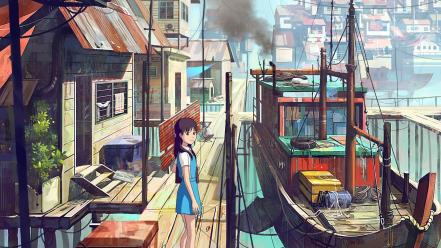 Hair buildings fantasy art town anime girls wallpaper