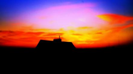 Sunset silhouette houses colors skies wallpaper
