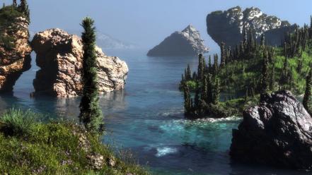 Water mountains trees grass rocks wallpaper