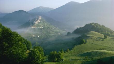 Mount clouds forests green landscapes wallpaper