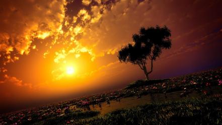 Trees flowers grass scenic digital art sky wallpaper