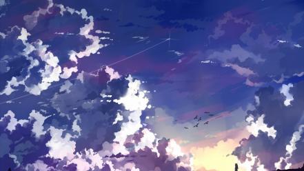 Sunset clouds birds anime girls wallpaper