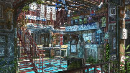 Town scenic chairs artwork anime girls black wallpaper