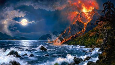 Trees waves volcanoes moon rocks artwork sea wallpaper