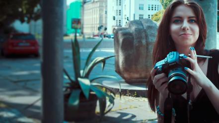 Women blue eyes streets cameras smiling portraits wallpaper
