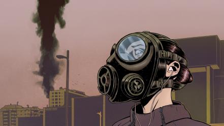 Women gas masks earphones artwork wallpaper