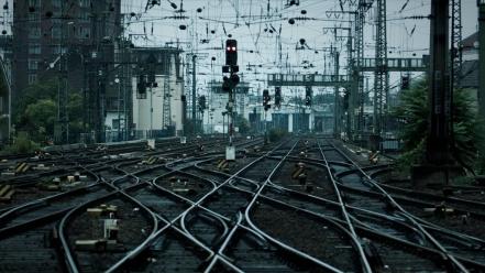 Cityscapes traffic lights power lines trainway tracks wallpaper