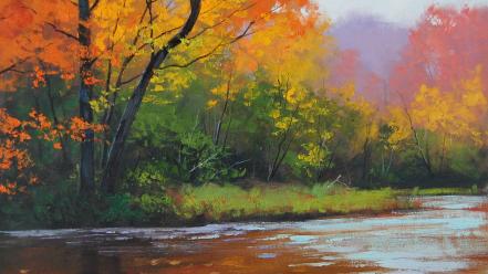 Paintings landscapes trees autumn (season) artwork lakes wallpaper