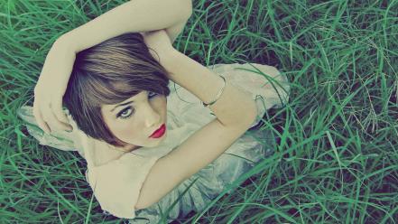 Brunettes women grass models fashion lips faces model wallpaper