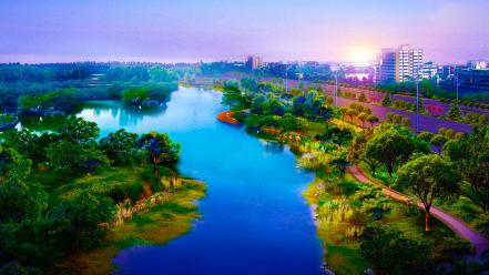 Green japan nature trees digital roads lakes wallpaper