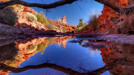 Landscapes valley lakes tree trunk reflections blue skies wallpaper