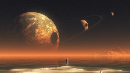 Outer space stars planets moon alien landscapes sea wallpaper