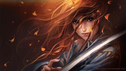 Sakimichan artwork flower petals red samurai wallpaper