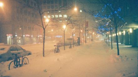 Snow streets cars bicycles montreal christmas lights snowing wallpaper