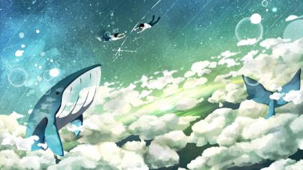 Flying bubbles whales artwork duplicate reaching out wallpaper