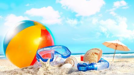 Sand summer starfish ball seashells water glass wallpaper