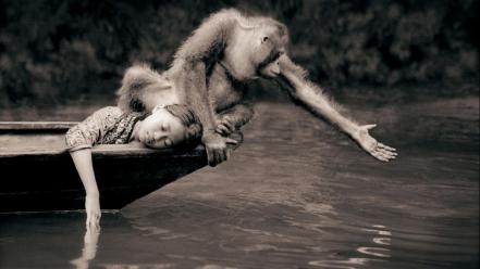 Sepia boats monkeys children gregory colbert wallpaper