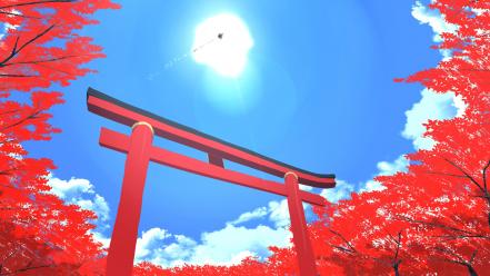 Torii inubashiri momiji skyscapes tengu red leaf wallpaper