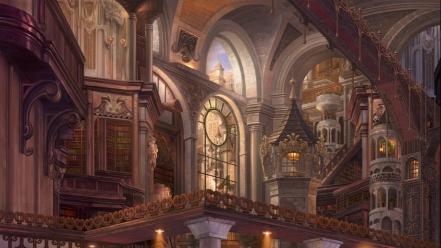Architecture lamps books interior scenic grand piano wallpaper