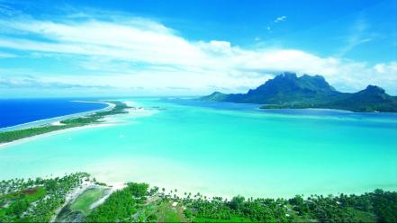 Coral reef bora palms skies beach polynesia wallpaper