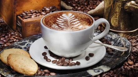 Cups brown coffee beans drinking cream and milk wallpaper