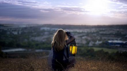 Brunettes women dress alone outdoors lanterns backside wallpaper