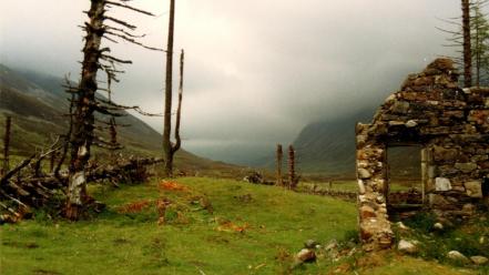 Clouds landscapes trees ruins grass fog wallpaper