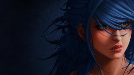Fantasy blue hair green eyes art wallpaper