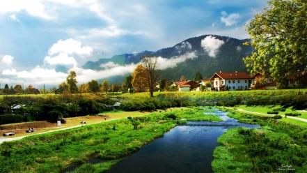 Nature trees wall houses lakes skyscapes village wallpaper