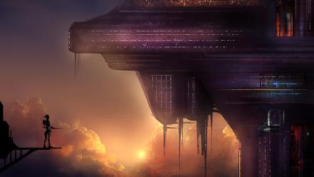 Futuristic silhouettes buildings scenic science fiction skies wallpaper