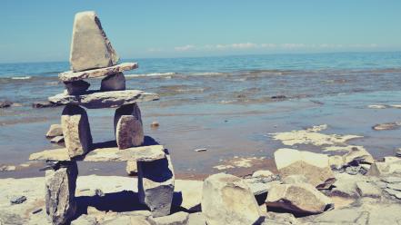 Ocean nature rocks lakes beach inukshuk wallpaper