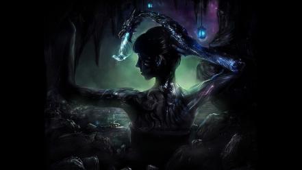 Brunettes dark digital art dragons fantasy wallpaper