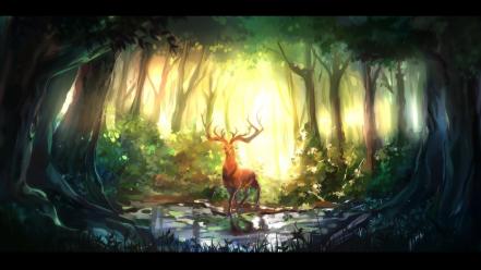 Deer forests sunlight water wallpaper