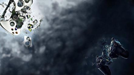 Broken consoles controllers video games wallpaper