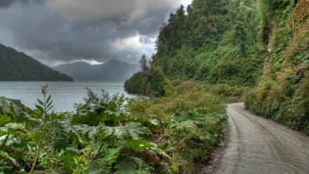 Chile carretera austral dark clouds green hills wallpaper