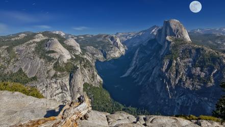 Full moon yosemite national park blue forests green wallpaper