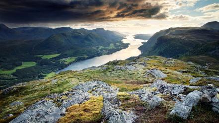 Norway dark clouds fjords grass hills wallpaper