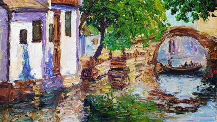 Artwork creek paintings town watercolor wallpaper