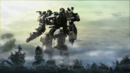Digital art giant mechanics robots trees wallpaper