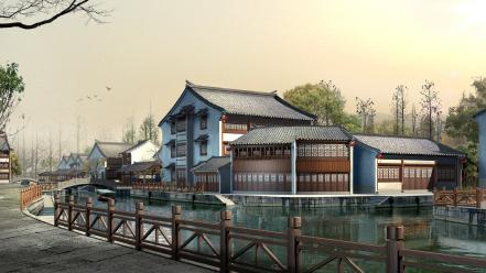 China japan digital art houses wallpaper