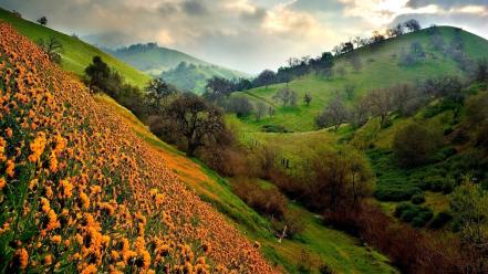 Clouds duplicate green hills landscapes wallpaper