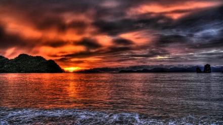 Beaches landscapes mountains nature red sky wallpaper